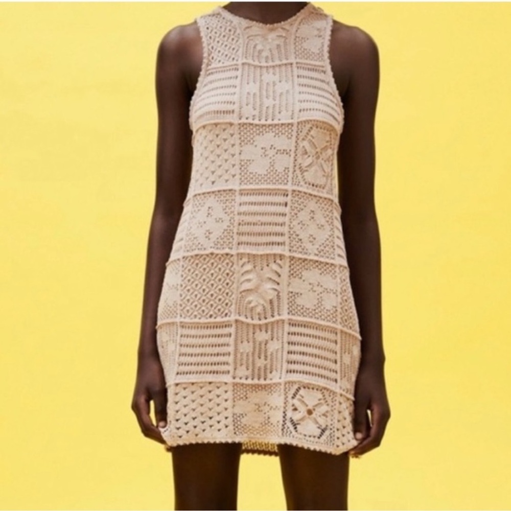Zara Dress Beige Crochet Design with Slip in great used condition